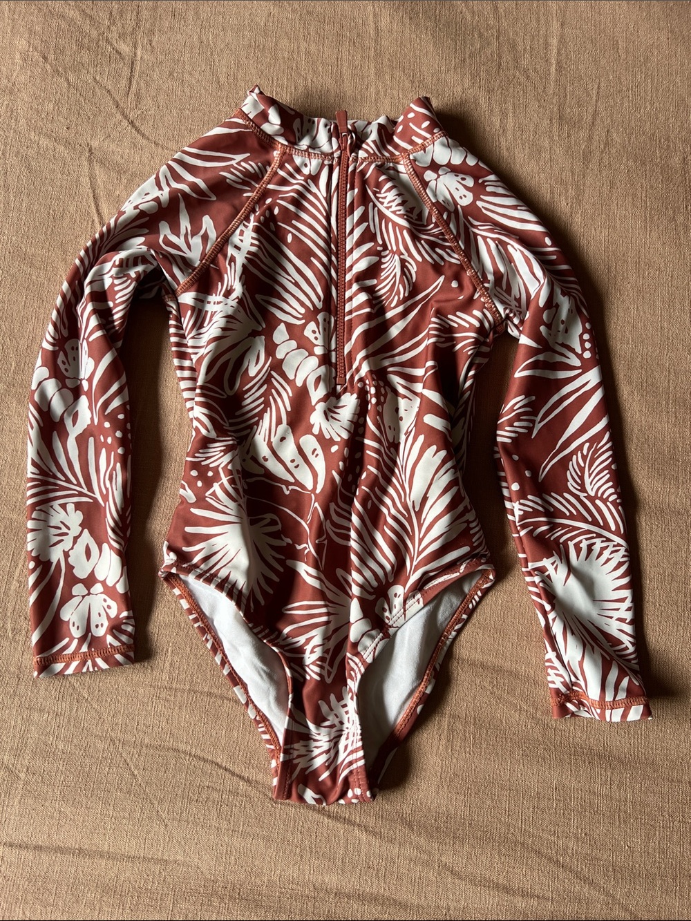Cotton On Kids One-Piece Rash Guard Swimsuit - Rust and White Tropical Print